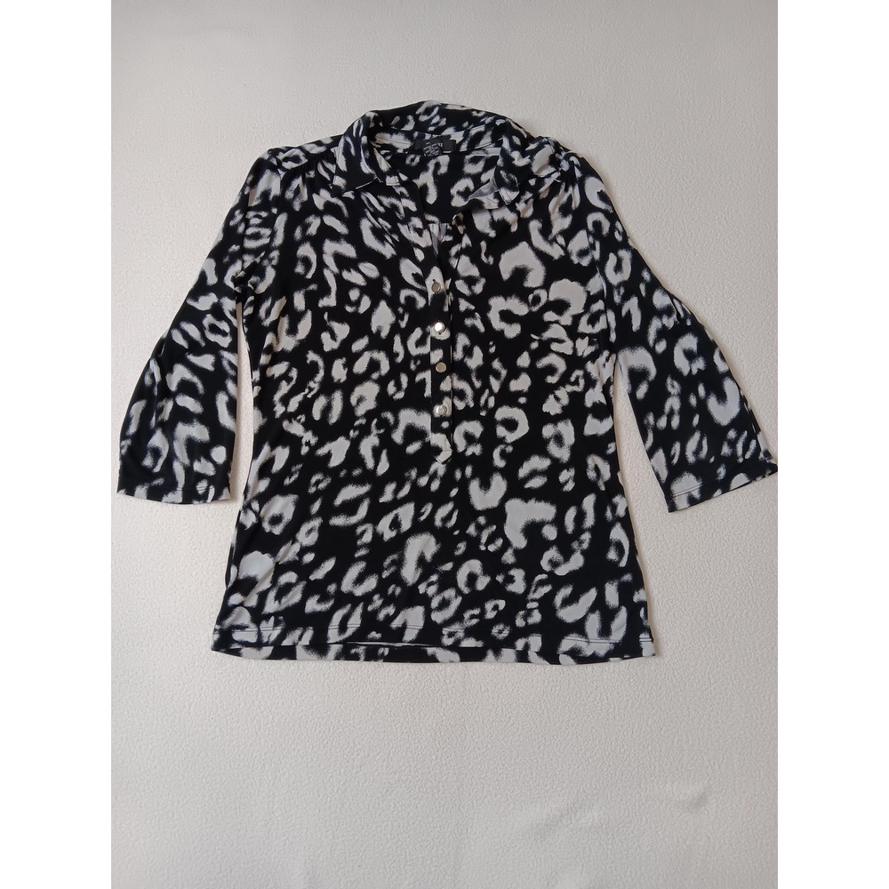 Alfani Black Animal Print Tunic Button-Up Womens Size S 3/4 Sleeve Collared